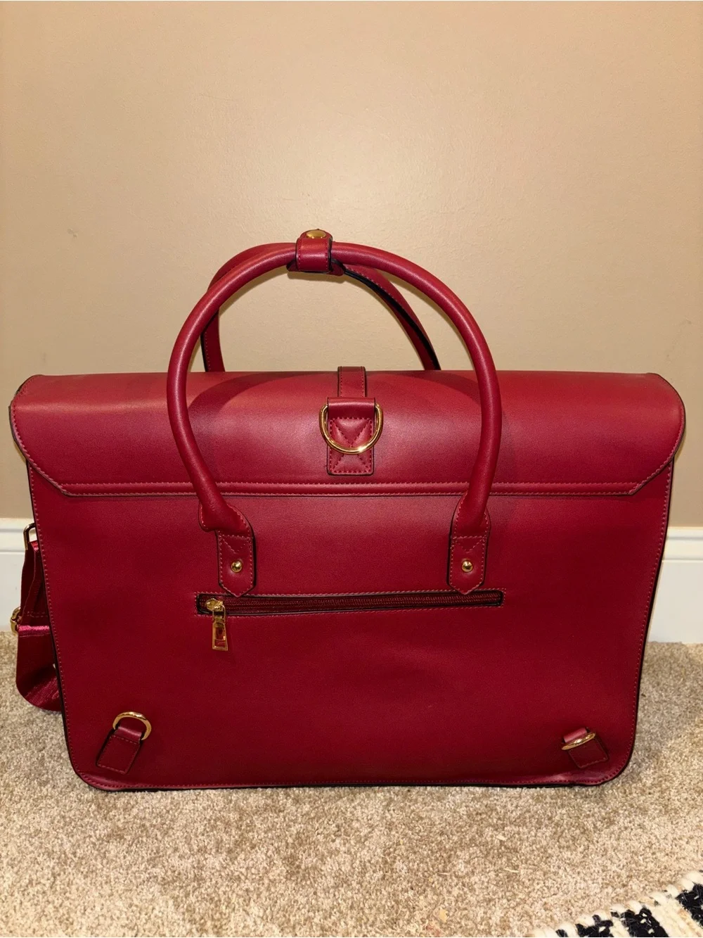 Red Leather Briefcase with Top Handles and Detachable Straps